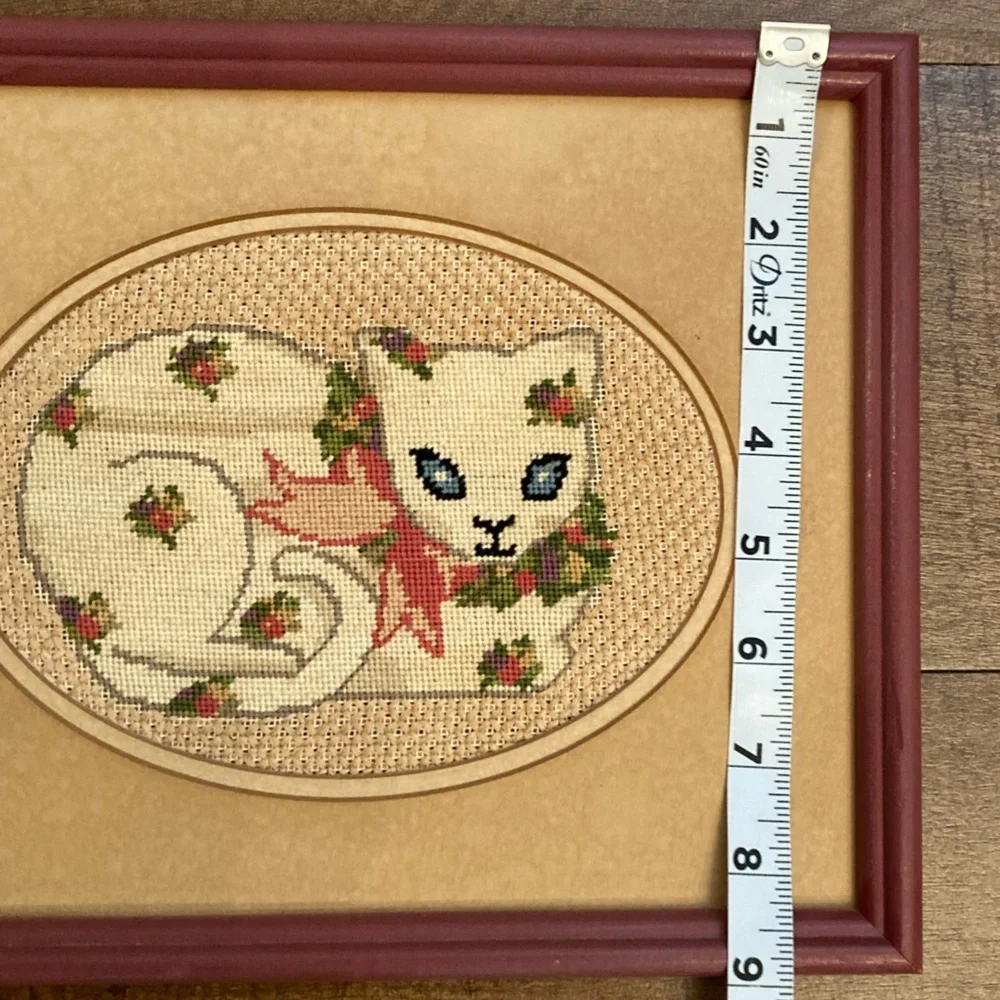 Vintage Framed Cat Wall Art Needlepoint in Burgundy Mauve Frame